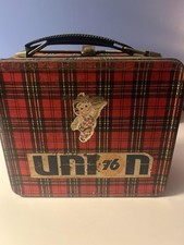 Vintage Red Plaid Metal Union 76 Gas Stickers Love Flower Power 70s picture