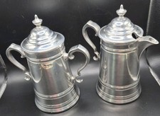 Vintage Pair Three Crowns Pewter Lidded Syrup Pitchers Creamers Set USA Signed picture