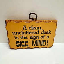 Vintage 1970's Paula's Wooden Mottos Desk Sign - Clean Desk Retro Office Humor picture
