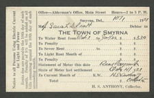 1921 Town Smyrna Delaware Water Rent Bill Alderman's Office Pratt Hotel Dennis picture