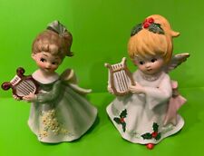 Homco & Lefton Ceramic Bisque Angel & Girl Playing Harp #5861 picture