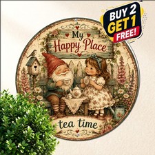 Happy Gnome Girl Autumn Garden Round Metal Sign Whimsical Fantasy Plaque picture