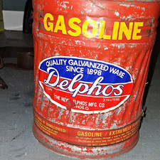 Delphos 1 Gal Gasoline Advertising Can - Gas & Oil Theme, Red Yellow Blue White picture