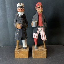 2 VTG 1970s Hand Carved Wood 12” Figurines ~ Sailor/Poirot & Captain W Peg Legs picture