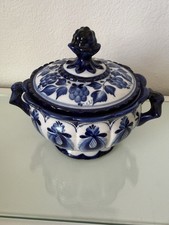 Gzhel Covered Bowl W / Handles VTG Russian Hand Painted Big Blue White picture