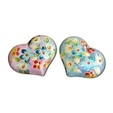 Heart Shape Porcelain Buttons Set of 2 Hand Painted Violet Floral Shank 40 Ligne picture