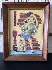 Vintage 60s 70s THINK BIG Mod Big Eye Girl Kitsch Framed Art Print picture