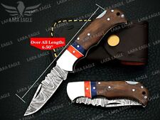 Handmade Damascus Pocket Folding knife, Exotic Rose Wood Handle + Leather Sheath picture