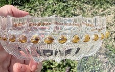 MID CENTURY CLEAR PRESSED GLASS DECORATIVE BOWL /TRINKET DISH with AMBER ACCENTS picture