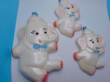 Vintage Chalkware Circus Elephants MCM 1950s Wall Decor Set Of 3 Pink Blue Baby picture
