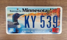 2006 Minnesota Critical Habitat LOON License Plate Tag  #KY 539  Wildlife picture