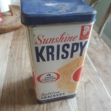 Vintage Sunshine Krispy Saltines Cracker T box White Blue Kitchen 9” USA picture