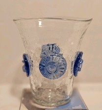 Vintage Blenko Medallion Clear Crackle Glass Vase W/Applied Blue Floral Rosettes picture
