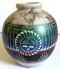 Navajo Horsehair Pottery Vase Green Blue Sgraffito Sunface Blue Green picture