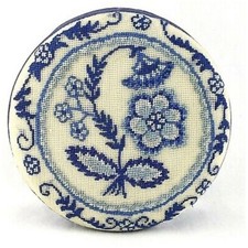 Vintage Fetco Needle Work Fabric Trinket Box Blue Cream Floral Mother's Day EC picture