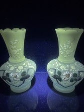 Pair Vtg Victorian Satin Camphor Glass Vases UV 365 Glow Hand Painted 7