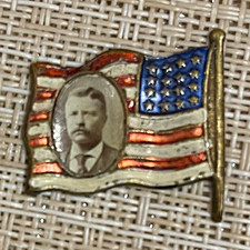 Theodore Roosevelt Portrait on US Flag Campaign Pinback Button (Missing)  picture