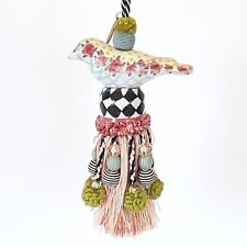 MacKenzie Childs Ceramic Bird Tassel Pink Blue Olive Courtly Check and Beads picture