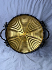 VTG Wrought Iron Round Serving Tray Concentric Circle Ribbed Gold Black Metal picture