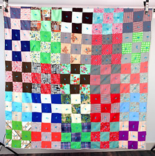 Vintage Hand Quilted Polyester Colorful Patchwork Quilt Car Picnic Blanket 62
