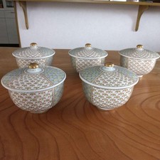 Japanese Fukagawa Seiji Plum Chrysanthemum Lidded Yunomi Cups Set 5 Unused picture