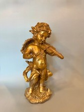 Vintage-Style Gold Cherub Angel Statue Playing Violin Resin Decor 15.5” Large picture