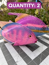 2-pack Vintage Colorful Painted Pink Wooden Carved Tropical Fish 5” X 10
