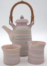 Vintage Jan Wax Studio Pottery Tea Set Teapot Cup Creamer Bamboo Handle 3pc picture