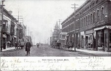 Postcard MI St. Joseph State Street Flag Cancel Drug Store Street-View 1907 M38 picture