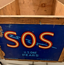 Vintage SOS US Pears Wooden Fruit Shipping Crate Advertising Farmhouse 18x12x9 picture