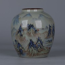 Vintage Qianli Jiangshan Porcelain Vase Bean Green Flower Jar Chinese Decor picture