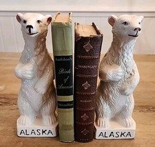 PAIR 9in Vintage Standing  Polar Bear Ceramic Alaska Souvenir Figures Bookends picture