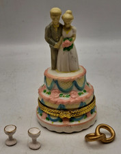 Hinged Wedding Cake Trinket Box-Bride & Groom-Rings & Champagne Glasses Trinkets picture