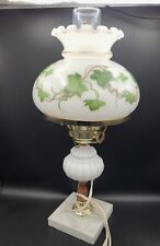 Vintage Hand painted Ivy Milk Glass Hurricane Lamp Marble Base Wood Brass picture