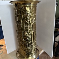 VINTAGE COLLECTIBLE LOMBARD EMBOSSED BRASS UMBRELLA STAND MADE IN ENGLAND 19” picture