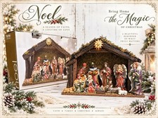 VTG Nativity Set 11 Piece Hand Painted W/ Glitter & Lighted Wooden Stable W/ Box picture