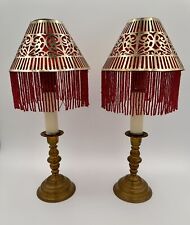 Pair of Antique Brass Push-up Candle Holders w/ Red Fringe, Metal Covered Shades picture