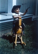 OOAK 2-Vtg 1951 35mm Slide Photo Young Cowboy With Toy Gun Wooden Horse picture