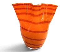 Murano Style Orange Red Striped Handkerchief Fazzoletto Art Glass Vase 7in picture