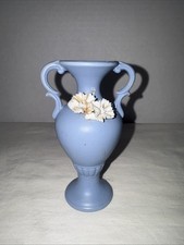 Vintage Blue Bisque Porcelain Vase Applied White Flowers Scroll Handles 5.25
