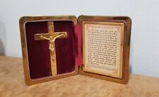Antique Travellers Shrine Leather Case Gilt Metal Crucifix Cross Catholic Priest picture