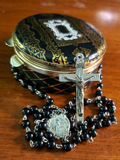 Vintage AG INC Sterling Silver Rosary Black Glass Beads & Vtg Paper Covered Case picture