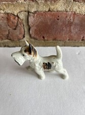 Vintage Porcelain Ceramic White Terrier Brown & Black Spotted Dog Figurine 2.5”L picture
