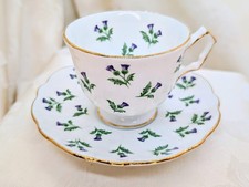 Vintage Aynsley Thistle Teacup Saucer Set Purple Floral English Bone China Gold picture