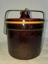 Vintage Brown STONEWARE GLAZED CROCK Cheese Butter Locking Wire Bale USA picture