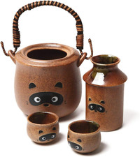 Traditional Japanese Pottery Sake Set - Exquisite Mino Ware Ceramic 4-Piece Tanu picture