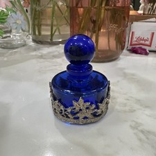 Vintage Cobalt Blue Glass Perfume Bottle Pewter Accent Ornate Collectible picture