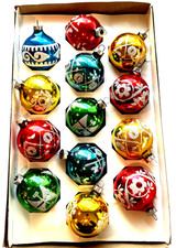 VTG '60s Rauch Glitter Stencil Mica Glass Christmas Ornament Box Lot of 13 MCM picture