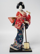 Vintage Kyugetsu Doll Japanese Geisha Playing Shamisen Red Floral Kimono 13