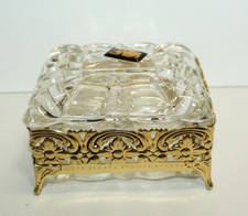 Vintage Vanity Glass Casket Trinket Box Gold Floral Footed picture